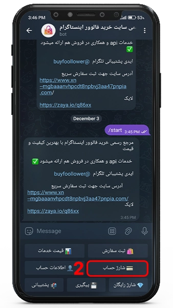 نحوه شارژ حساب در ربات تلگرامی سایت خرید فالوور اینستاگرام 2
